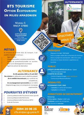 Flyer BTS Tourisme – GIP‑FCIP Guyane 2025 Présente les objectifs, les compétences développées, les débouchés professionnels et les modalités de formation du BTS Tourisme, accessible en alternance via le Centre de Formation d'Apprentis de l'Éducation Nationale (CFA EN) de la Guyane.